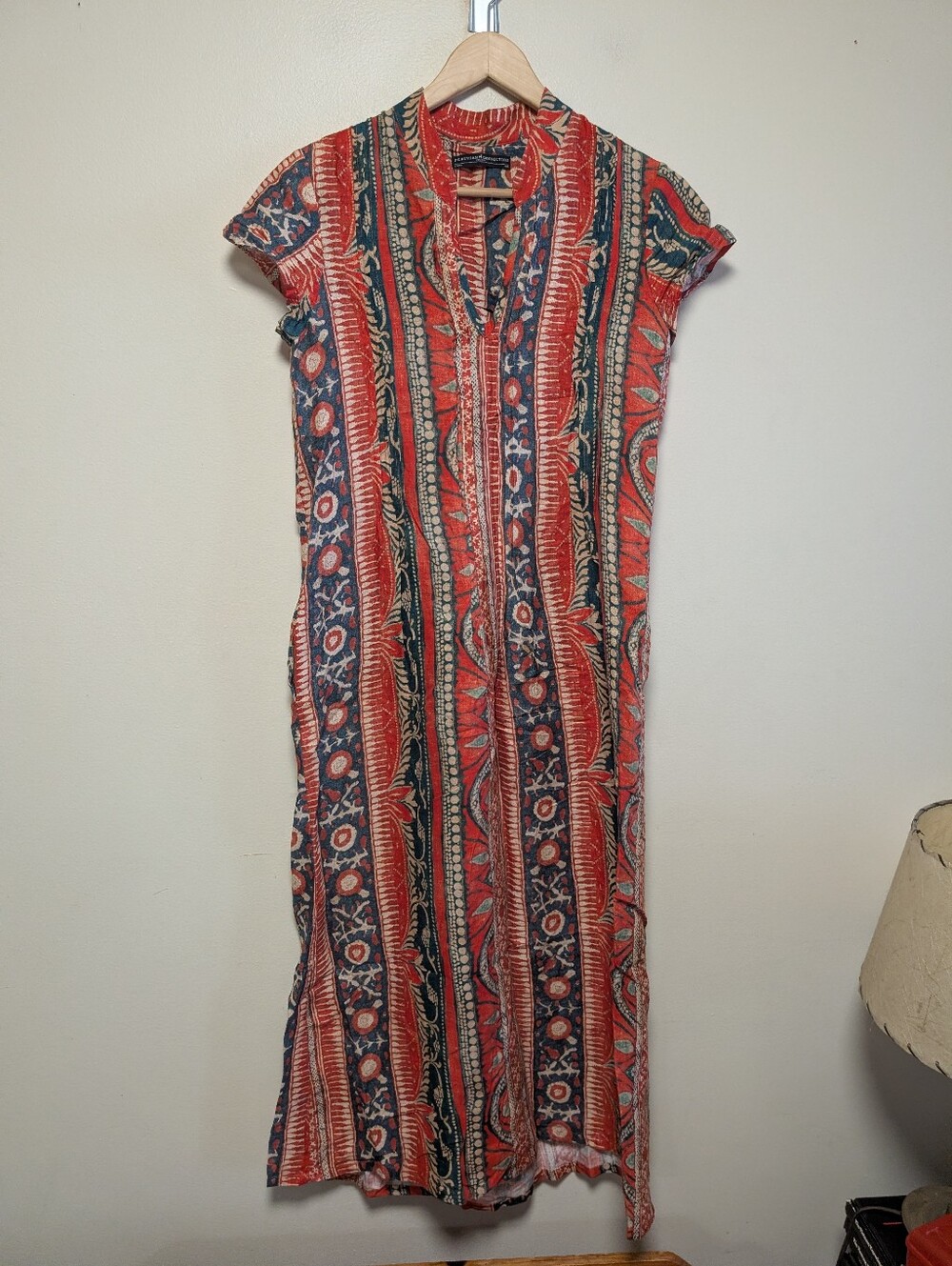 Peruvian Connection 100% Linen Boho Maxi Dress XS Paisley Floral Pockets